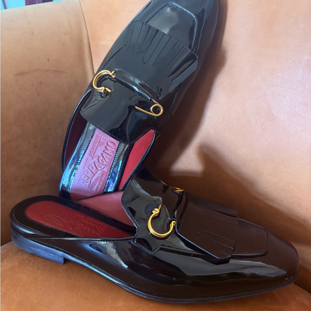 Salvatore Ferragamo Black Patent Loafers with Gold Detail